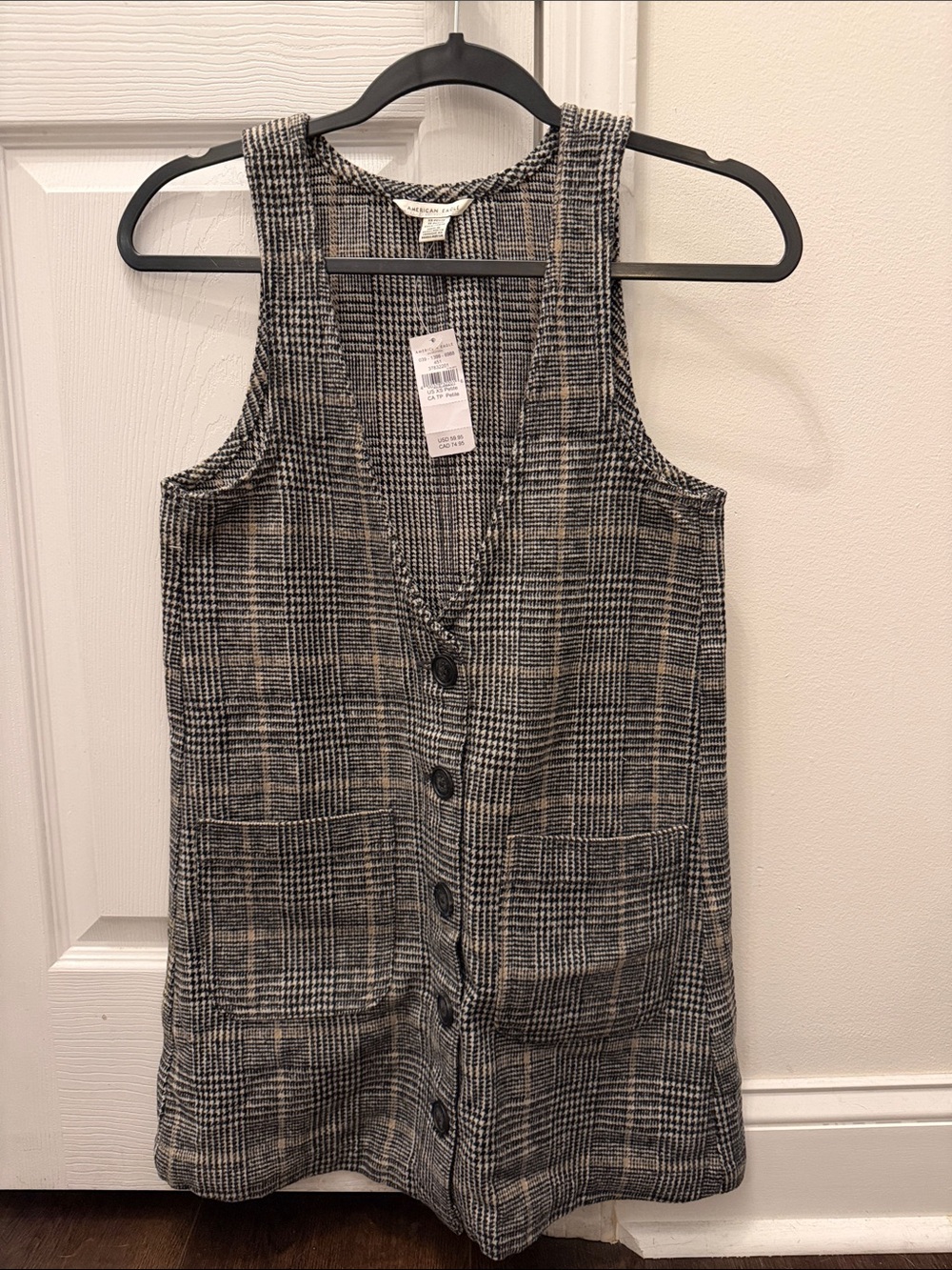 American Eagle Sleeveless Plaid Button-Front Dress - Gray